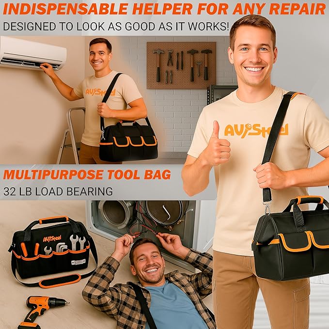 15 Inch Tool Bag with 16 Pockets Foldable Close Top Wide Mouth Tool Bag Organizer with Handle & Padded Adjustable Strap, Heavy Duty, Waterproof