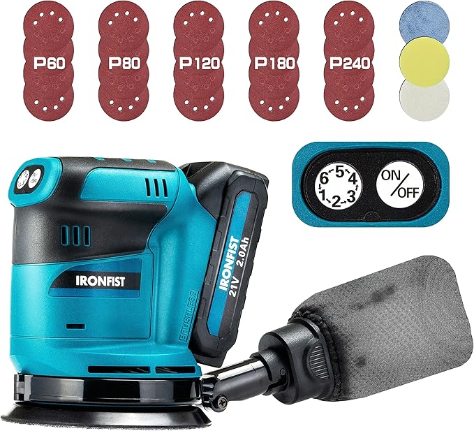 IRONFIST Brushless Random Orbital Sander, 6 Speeds Max 13500rpm, 5” Electric Sander Cordless 21V with Dust Collector and 23pcs accessories Included Battery and Charger